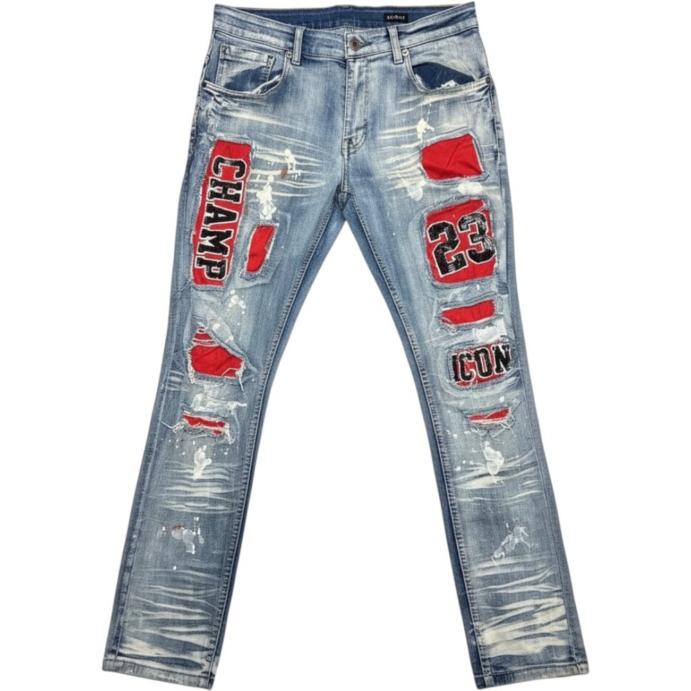Copper Rivet Mens Slim Fit Distressed Jeans Light Wash Red Patches 36x32